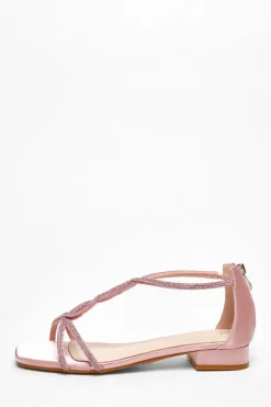 Quiz Wide Fit|Sandals>Satin Diamante T-Strap Flat Sandals