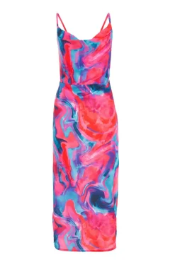 Quiz Holiday|Wedding Guest Dresses>Pink Satin Marble Print Dress