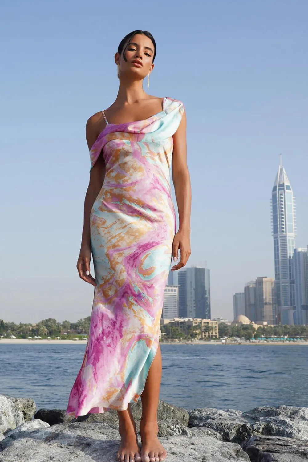Quiz Holiday|Wedding Guest Dresses>Pink Satin Marble Print Midaxi Dress