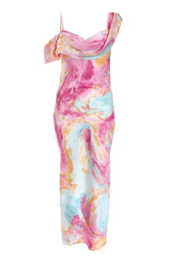 Quiz Holiday|Wedding Guest Dresses>Pink Satin Marble Print Midaxi Dress