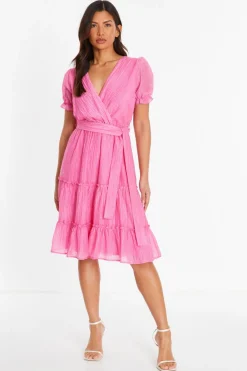 Quiz Summer Clothes|Summer Dresses>Pink Textured Frill Skater Midi Dress