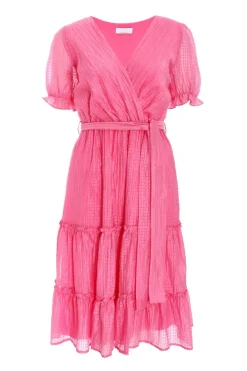 Quiz Summer Clothes|Summer Dresses>Pink Textured Frill Skater Midi Dress