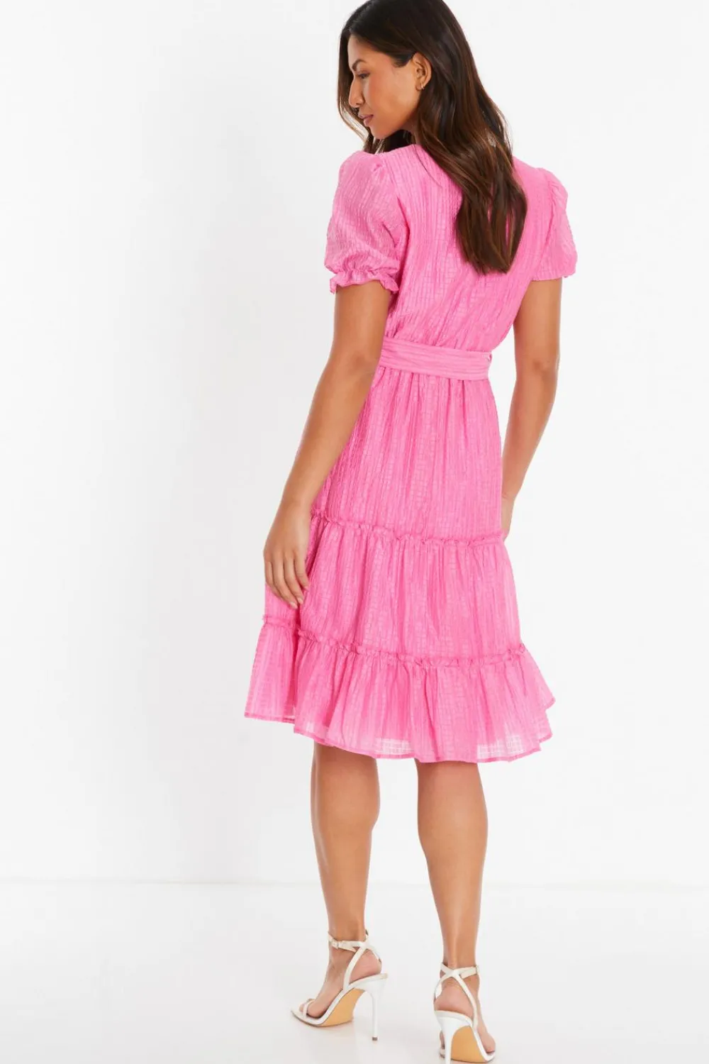 Quiz Summer Clothes|Summer Dresses>Pink Textured Frill Skater Midi Dress