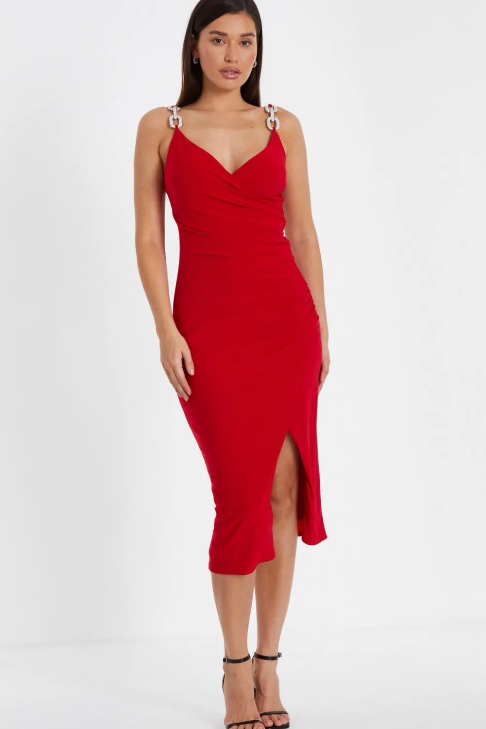 Quiz Evening Dresses|Trending: Red>Diamante Strap Midi Dress