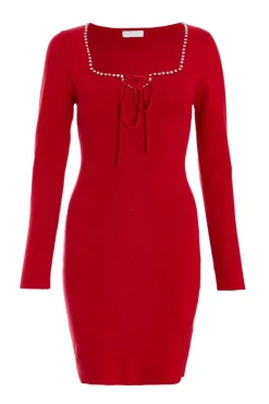 Quiz Trending: Red|Knitwear>Red Diamante Trim Jumper Dress