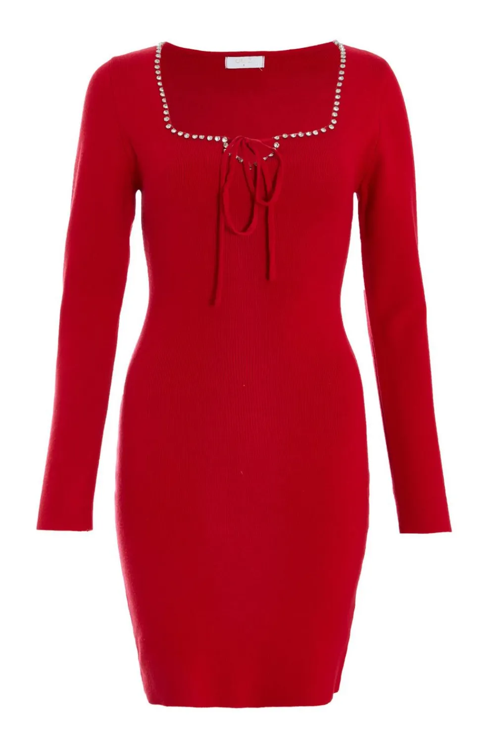 Quiz Trending: Red|Knitwear>Red Diamante Trim Jumper Dress