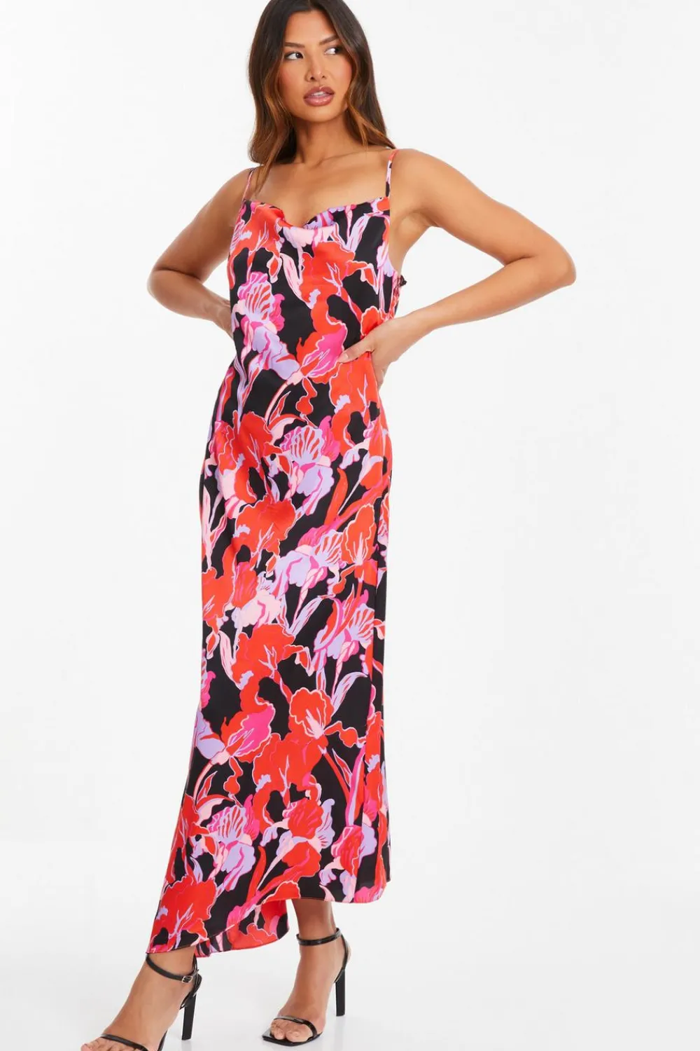 Quiz Holiday|Wedding Guest Dresses>Red Floral Satin Midaxi Dress