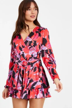 Quiz Playsuits|Trending: Red>Red Floral Satin Wrap Playsuit