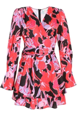 Quiz Playsuits|Trending: Red>Red Floral Satin Wrap Playsuit