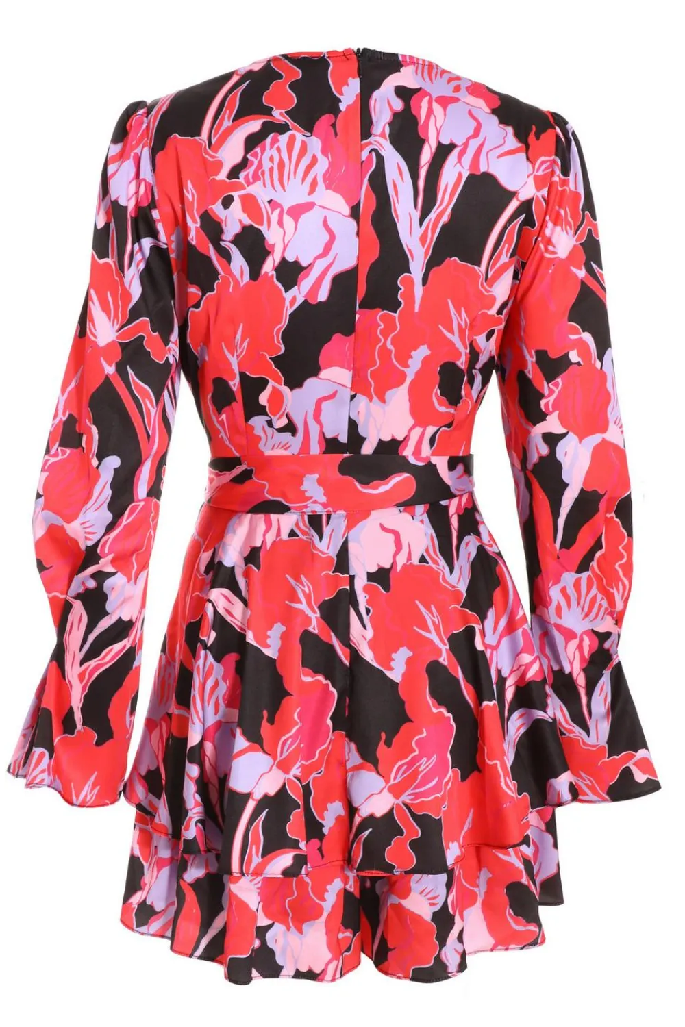 Quiz Playsuits|Trending: Red>Red Floral Satin Wrap Playsuit