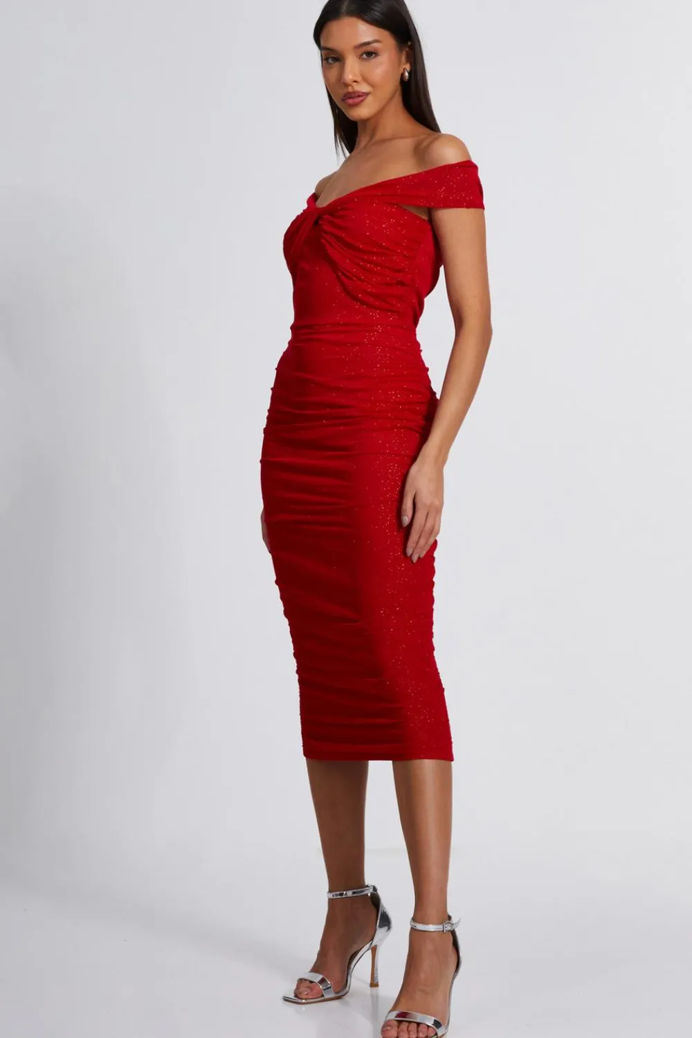 Quiz Trending: Red|Red Dresses>Red Glitter Mesh Midi Dress