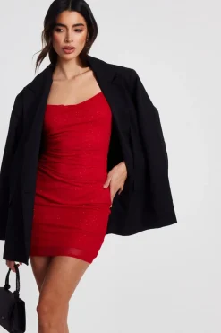 Quiz Trending: Red|Going Out>Red Glitter Mesh Mini Dress