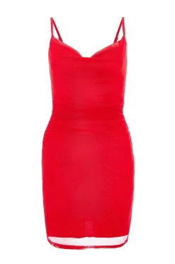Quiz Trending: Red|Going Out>Red Glitter Mesh Mini Dress