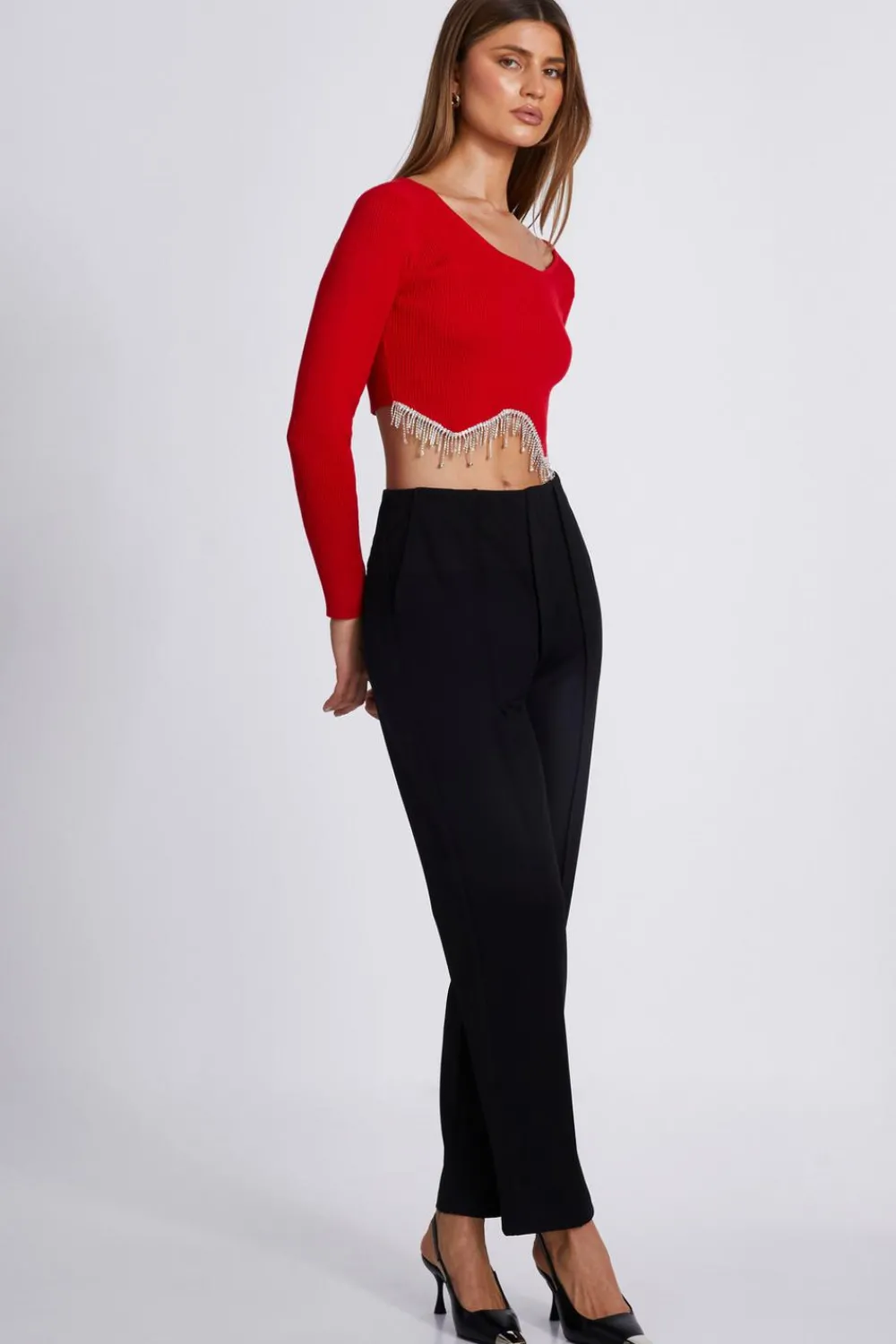 Quiz Going Out Tops|Crop Tops>Knit Diamante Crop Top
