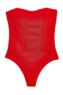 Quiz Going Out Tops|Bodysuits>Red Mesh Embellished Bodysuit