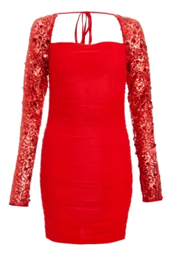 Quiz Trending: Red|Red Dresses>Red Mesh Embellished Sleeves Mini Dress