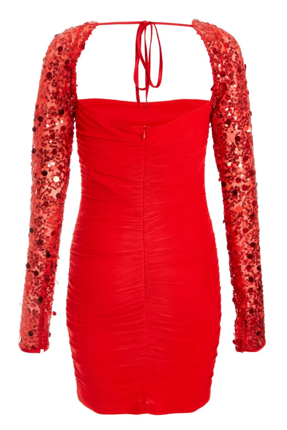 Quiz Trending: Red|Red Dresses>Red Mesh Embellished Sleeves Mini Dress