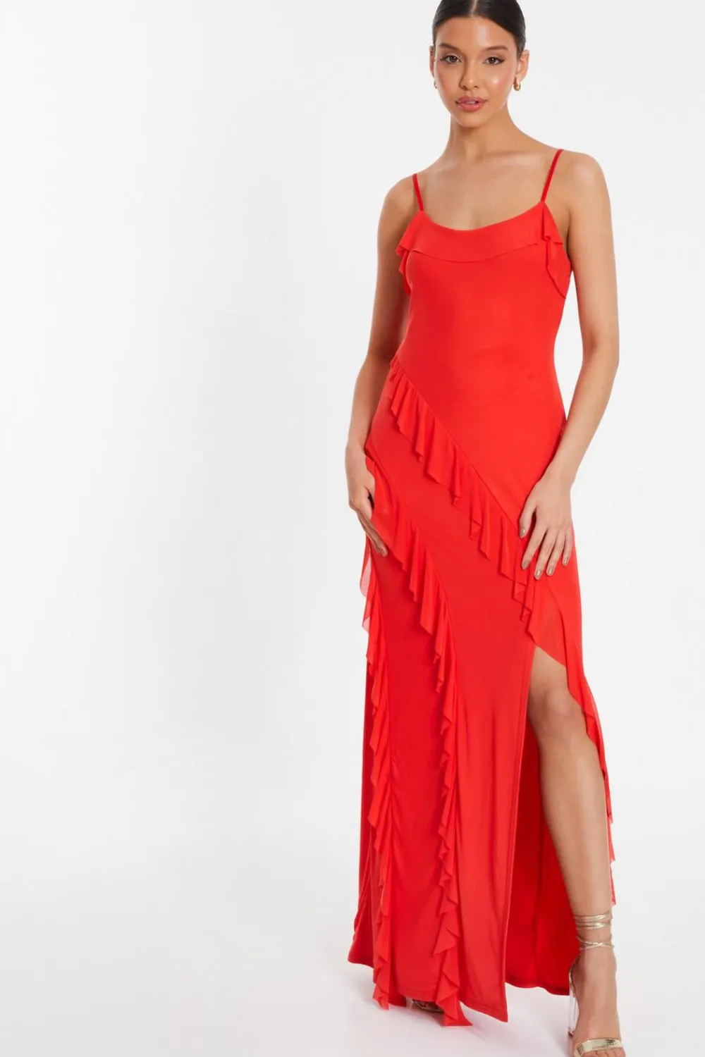 Quiz Trending: Red|Holiday>Red Mesh Ruffle Maxi Dress