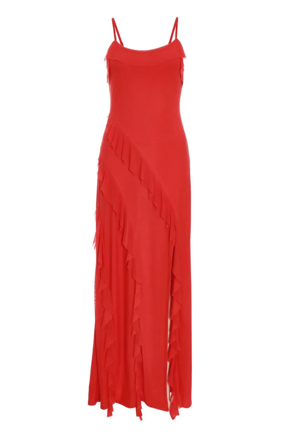 Quiz Trending: Red|Holiday>Red Mesh Ruffle Maxi Dress
