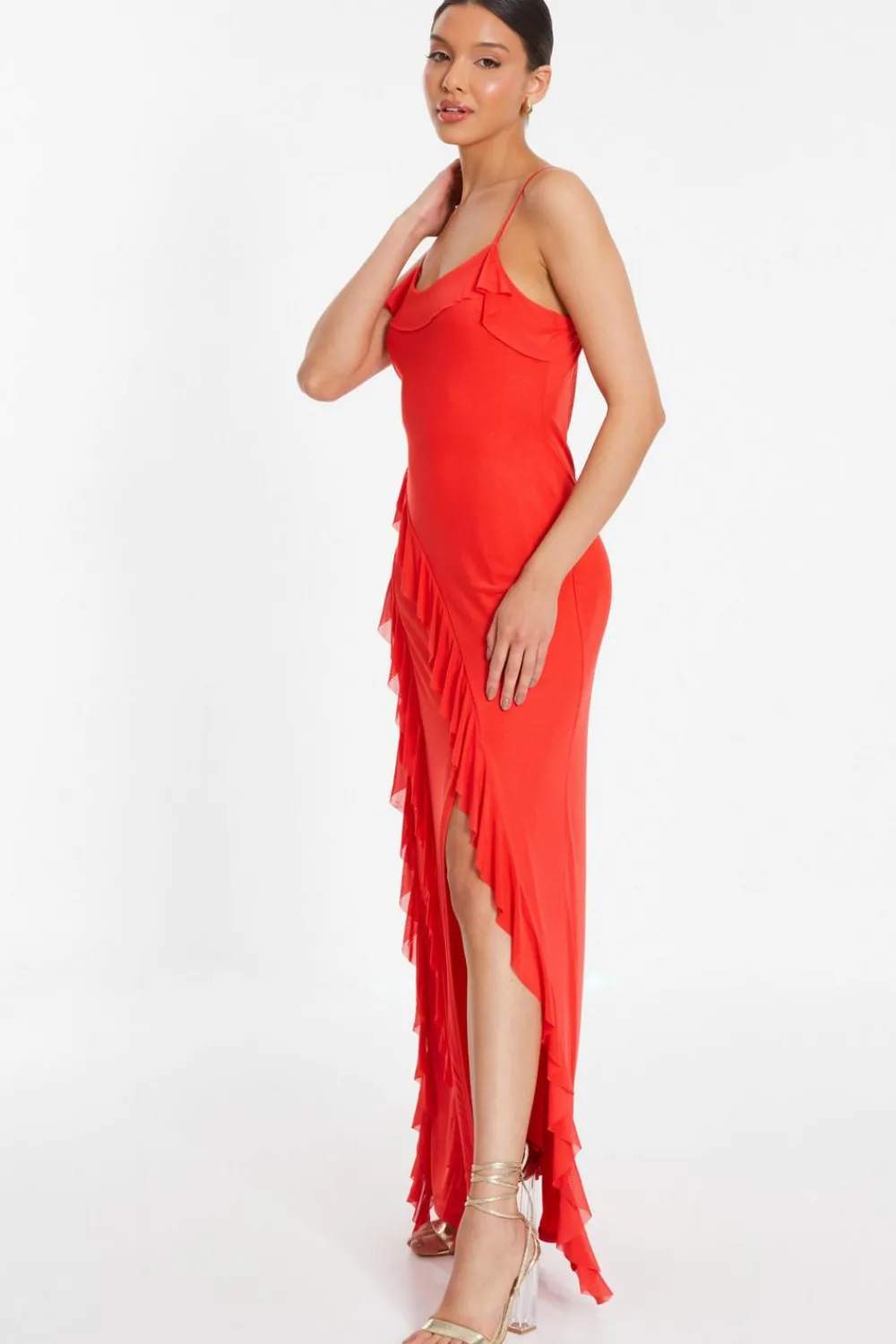 Quiz Trending: Red|Holiday>Red Mesh Ruffle Maxi Dress