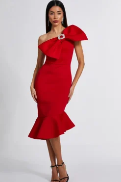 Quiz Evening Dresses|Christening Guest>Red One Shoulder Bow Midi Dress