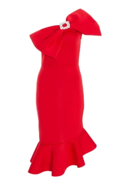 Quiz Evening Dresses|Christening Guest>Red One Shoulder Bow Midi Dress