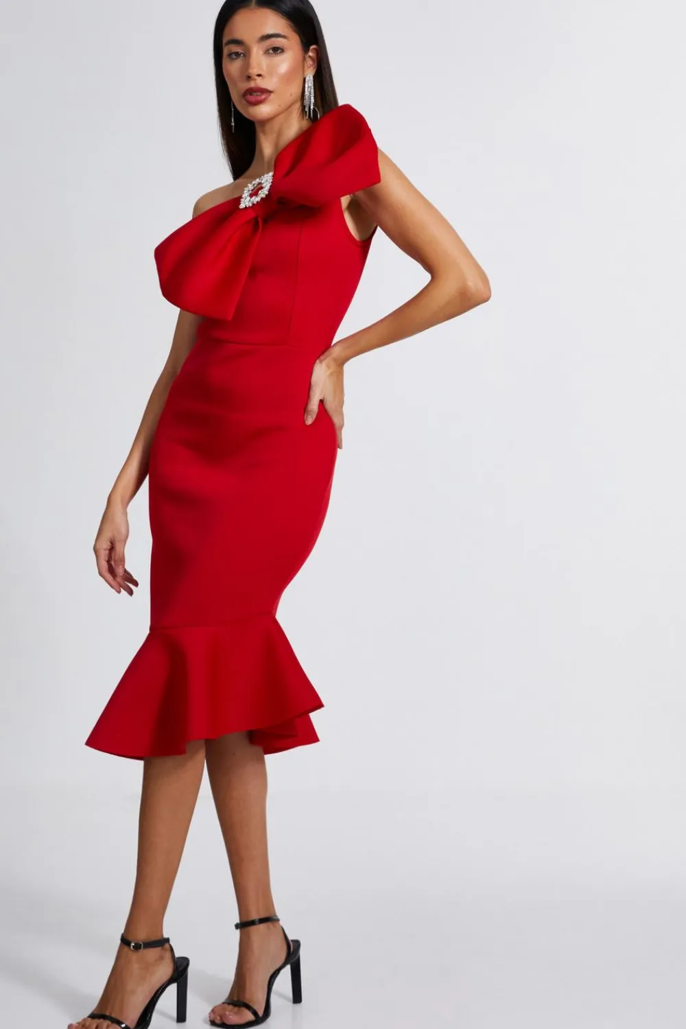 Quiz Evening Dresses|Christening Guest>Red One Shoulder Bow Midi Dress