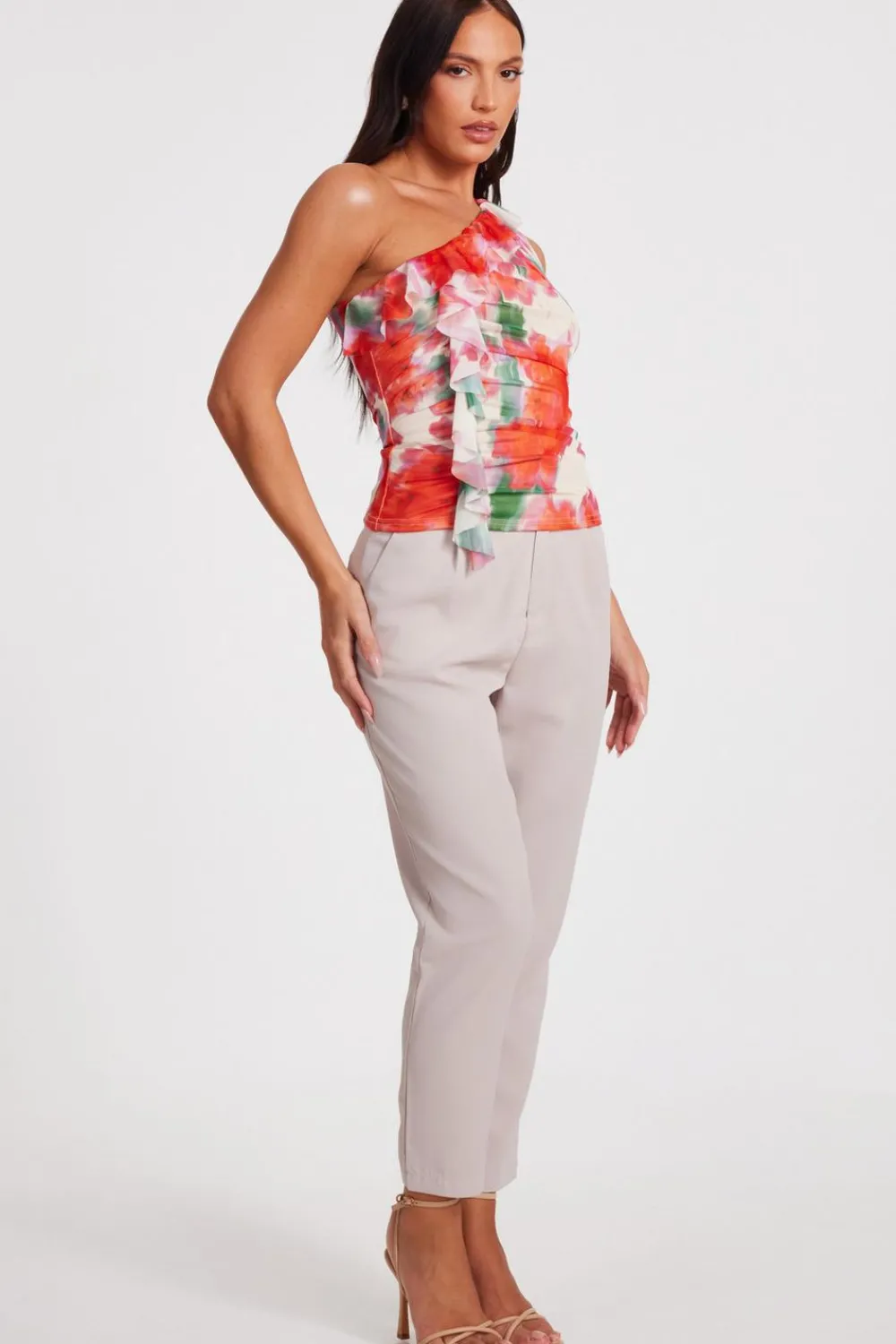 Quiz Summer Tops|Day Tops>Red Printed Mesh Ruffle Top