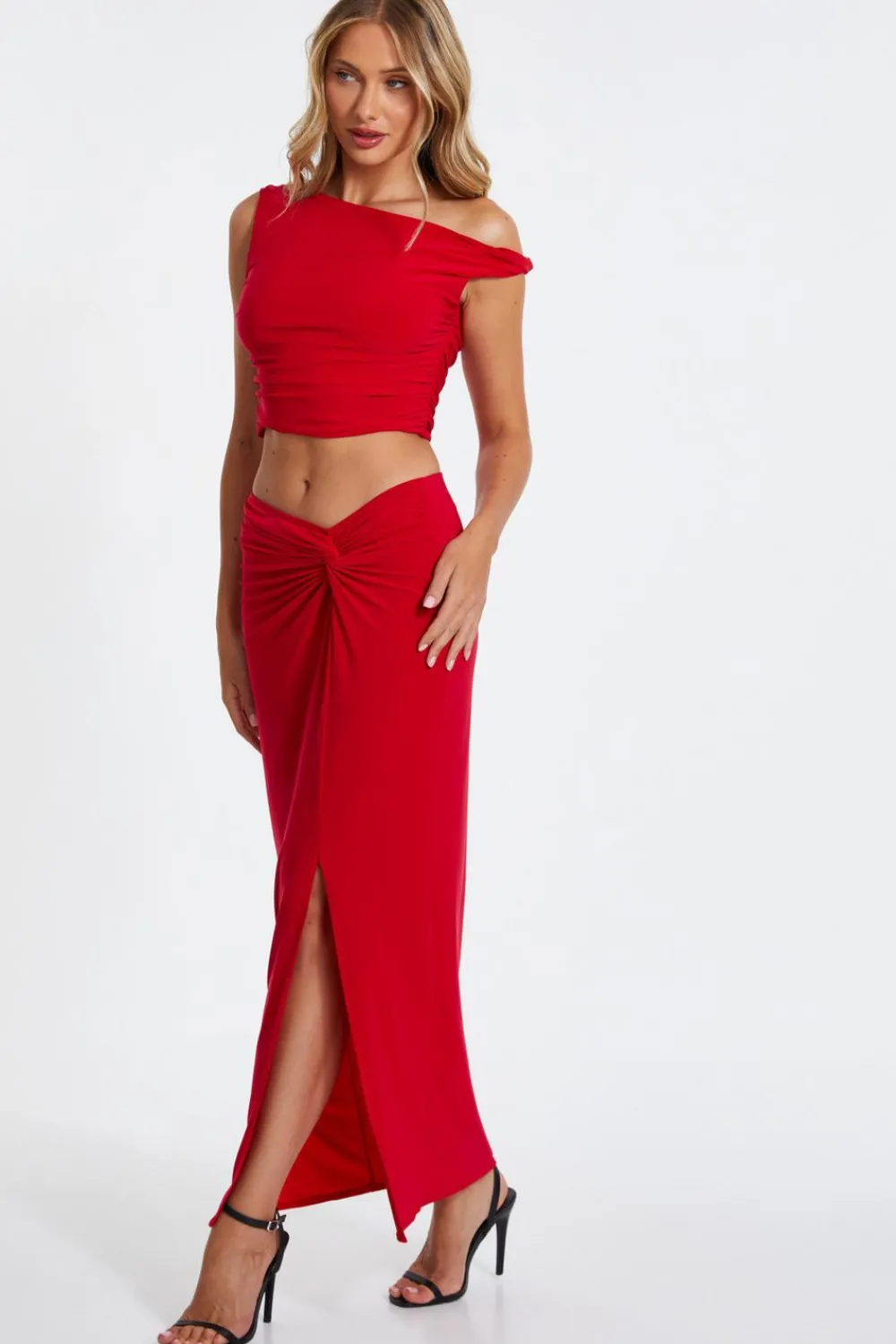 Quiz Trending: Red|Skirts>Red Ruched Split Maxi Skirt