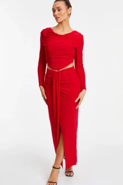 Quiz Trending: Red|Skirts>Ruched Split Maxi Skirt