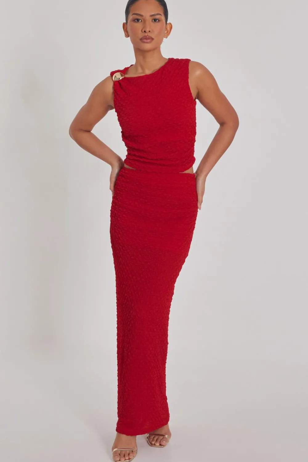 Quiz Skirts|Going Out>Red Textured Maxi Skirt