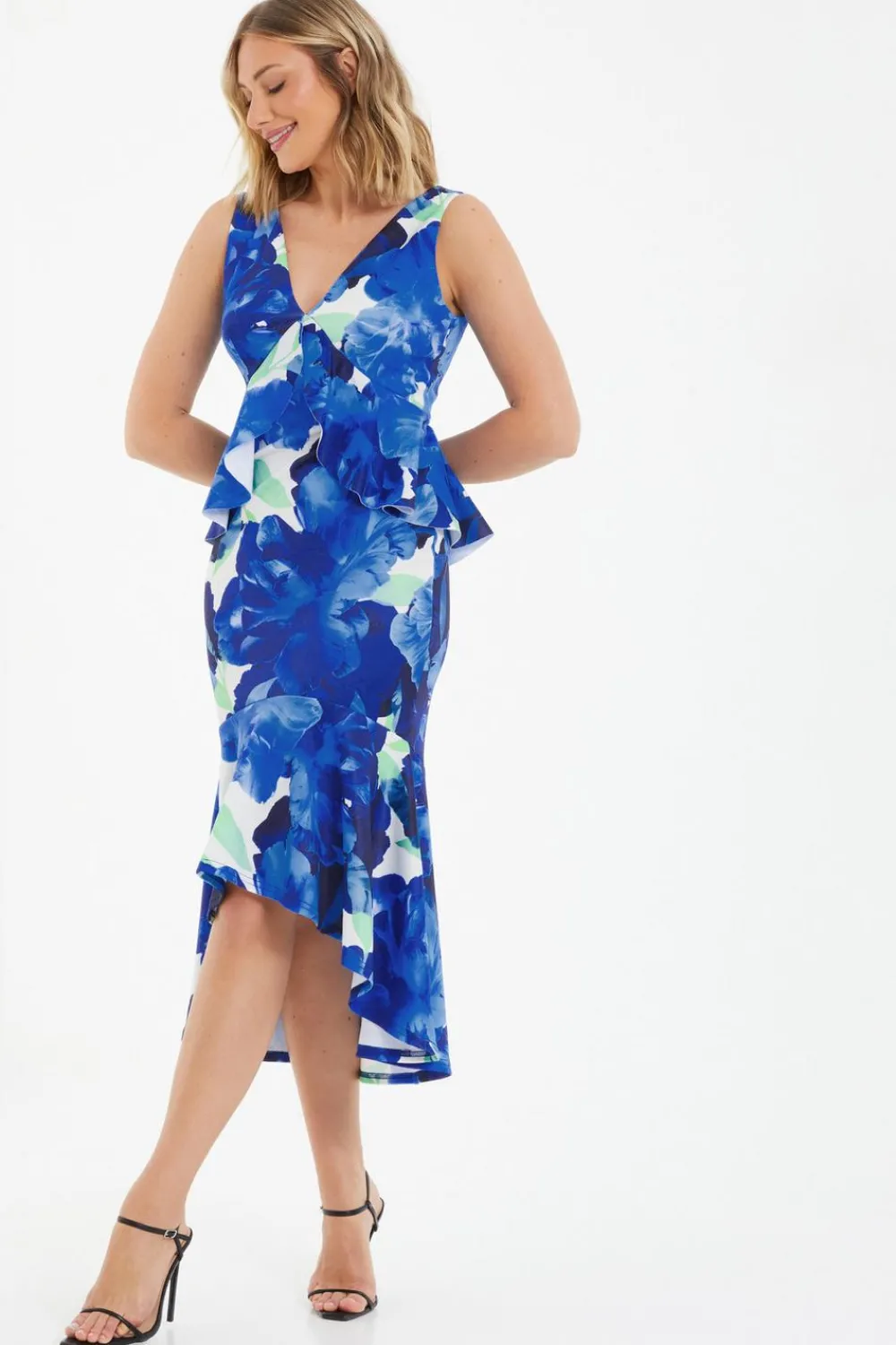 Quiz Florals|Wedding Guest Dresses>Royal Blue Floral Frill Midi Dress