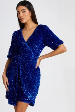 Quiz Occasion Dresses|Mini Dresses>Royal Blue Sequin Wrap Mini Dress