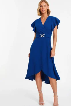 Quiz Wrap Dresses|Wedding Guest Dresses>Royal Blue Wrap Frill Sleeve Midi Dress
