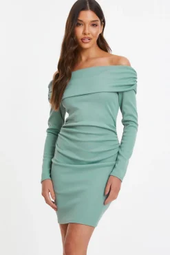 Quiz Mini Dresses|Green Dresses>Sage Ribbed Bardot Mini Ruched Dress
