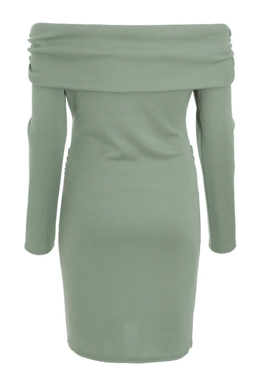 Quiz Mini Dresses|Green Dresses>Sage Ribbed Bardot Mini Ruched Dress