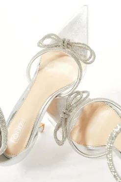 Quiz Occasion Shoes|Heels>Silver Clear Diamante Bow Court Heels
