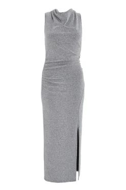 Quiz Evening Dresses|Occasion Dresses>Silver Cowl Neck Ruched Midi Dress