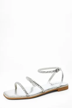 Quiz Sandals|Holiday Shoes>Silver Diamante Double Strap Flat Sandals