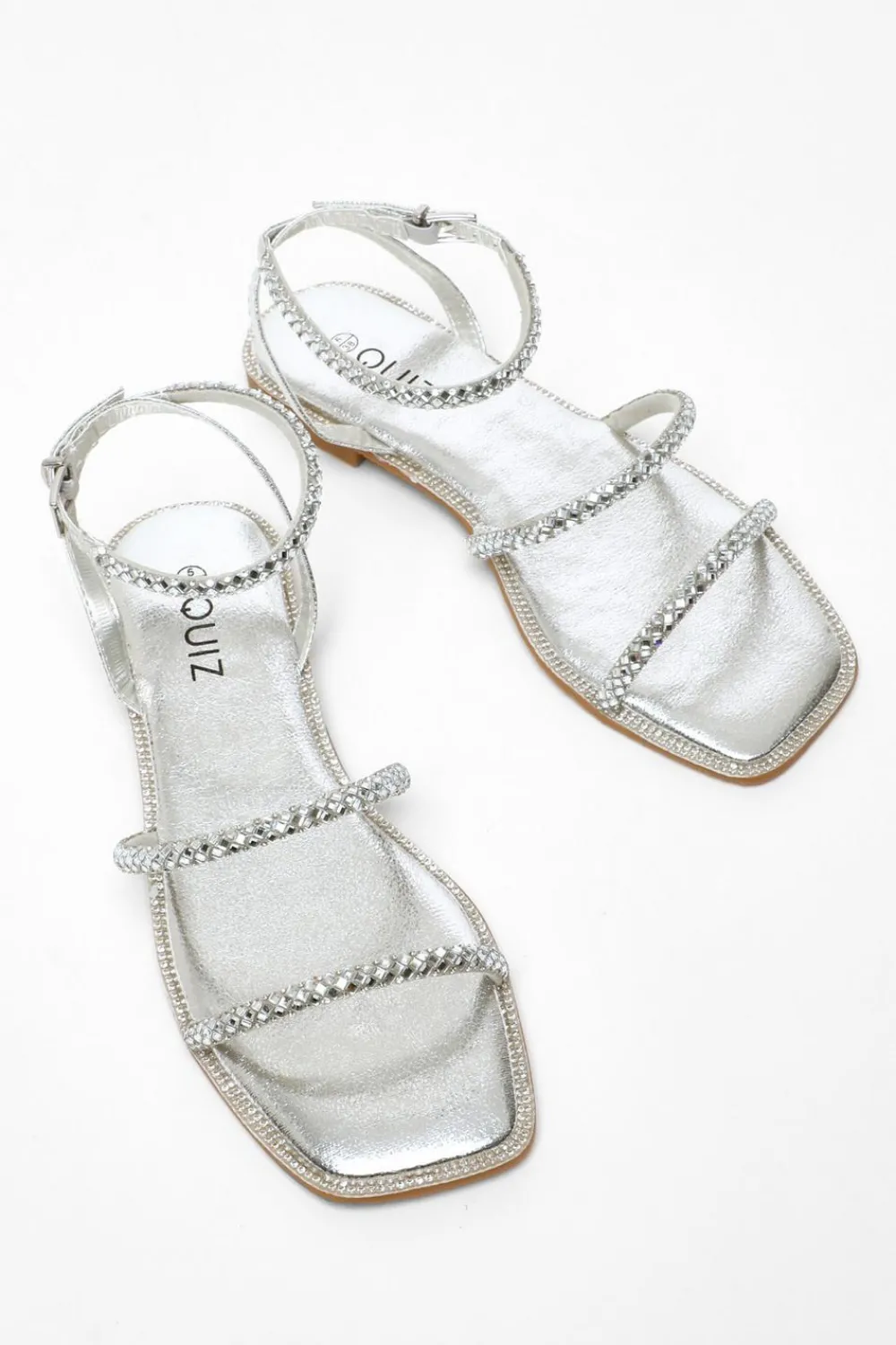 Quiz Sandals|Holiday Shoes>Silver Diamante Double Strap Flat Sandals