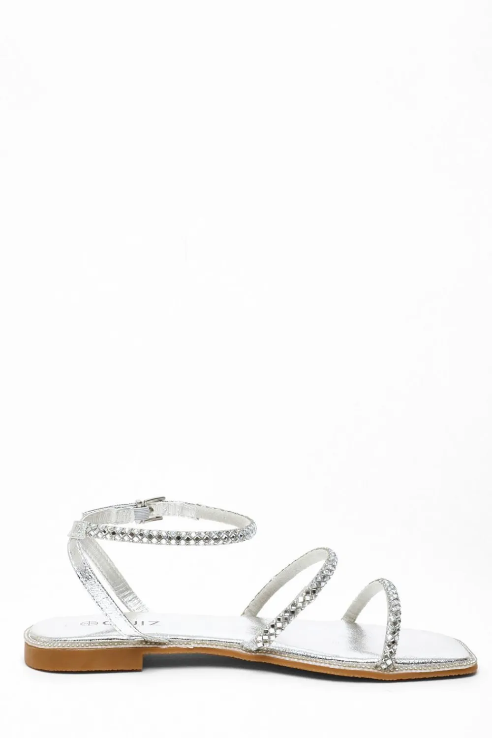 Quiz Sandals|Holiday Shoes>Silver Diamante Double Strap Flat Sandals