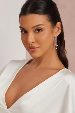 Quiz Wedding Accessories|Jewellery>Silver Diamante Pearl Fringe Earrings