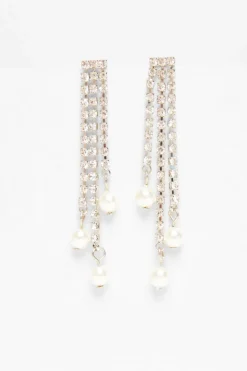 Quiz Wedding Accessories|Jewellery>Silver Diamante Pearl Fringe Earrings