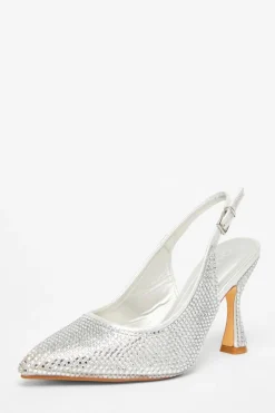 Quiz Shoe & Bag Sets|Occasion Shoes>Silver Diamante Sling Back Court Heels