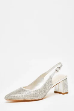 Quiz Occasion Shoes|Heels>Silver Diamante Slingback Block Heel