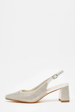 Quiz Occasion Shoes|Heels>Silver Diamante Slingback Block Heel