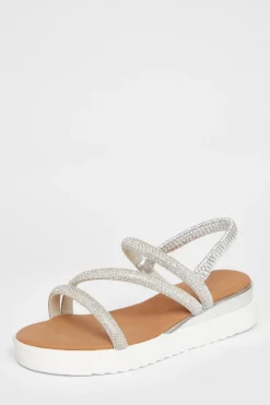 Quiz Sandals|Holiday Shoes>Silver Diamante Strappy Flatform Sandals