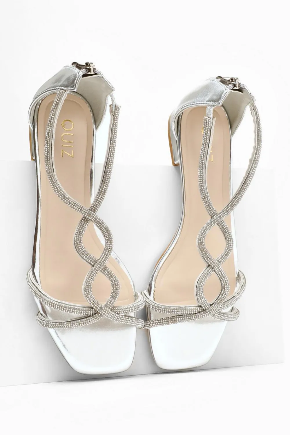 Quiz Wide Fit|Sandals>Silver Foil Diamante T-Strap Flat Sandals
