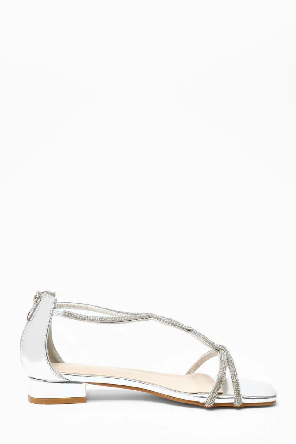 Quiz Wide Fit|Sandals>Silver Foil Diamante T-Strap Flat Sandals