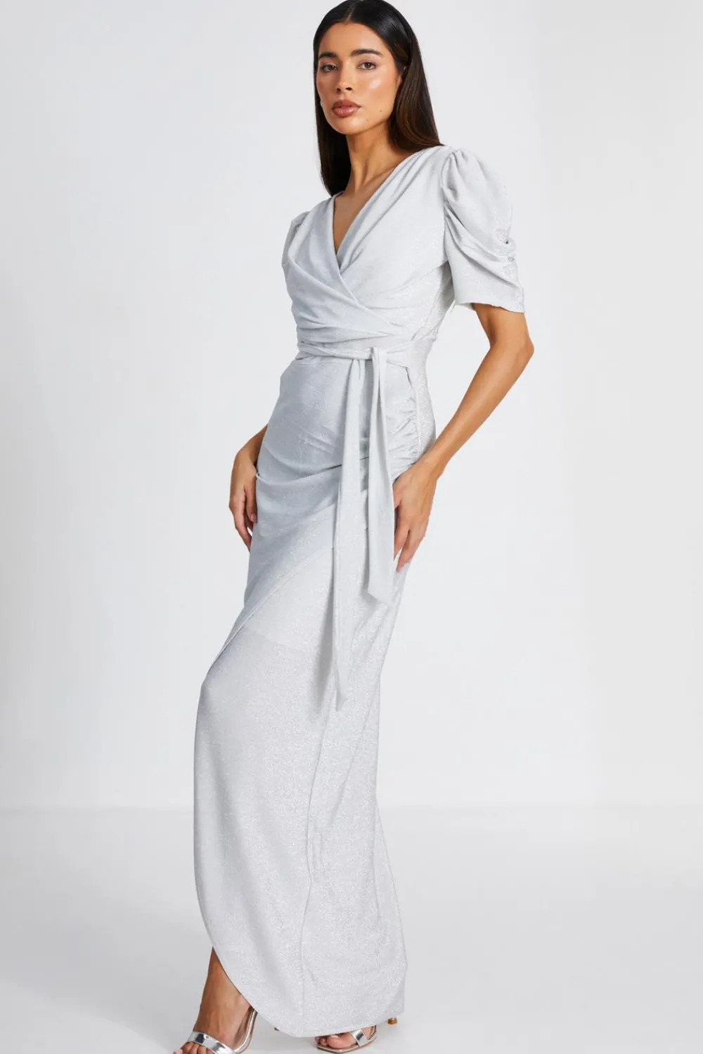 Quiz Prom & Ball|Evening Dresses>Silver Glitter Wrap Maxi Dress